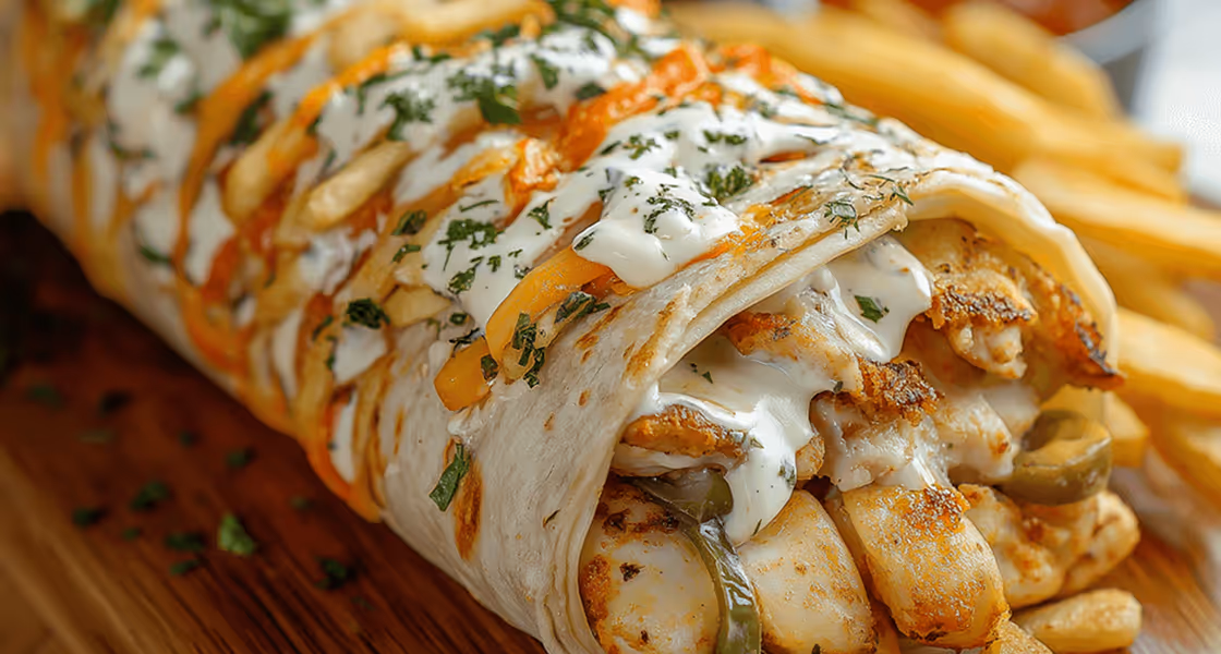 Grilled chicken wrap drizzled with white and orange sauces, garnished with herbs, served with French fries.
